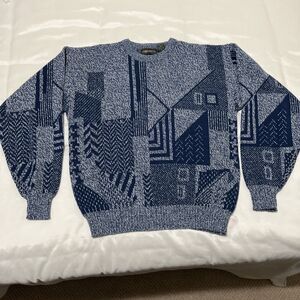 Vintage Sweater Mens M Blue Abstract Geometric Pullover 80s 90s J.T Beckett
